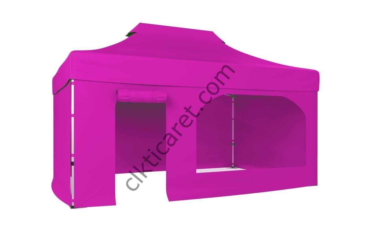 CLK 3x4,5 40 mm Katlanabilir Tente Gazebo Çadır Gazebo Çadır 3 Yan Kapalı 1 Yan Kapı ve Pencereli Pembe