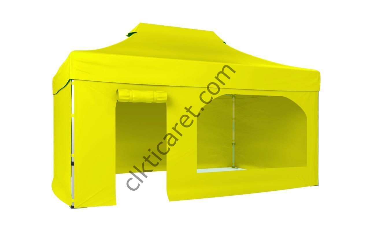 CLK 3x4,5 40 mm Katlanabilir Tente Gazebo Çadır Gazebo Çadır 3 Yan Kapalı 1 Yan Kapı ve Pencereli Sarı