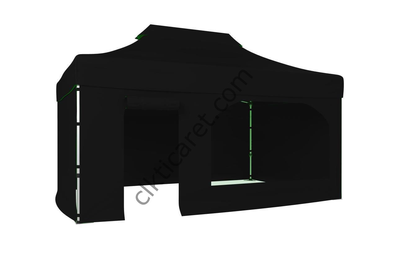 CLK 3x4,5 40 mm Katlanabilir Tente Gazebo Çadır Gazebo Çadır 3 Yan Kapalı 1 Yan Kapı ve Pencereli Siyah