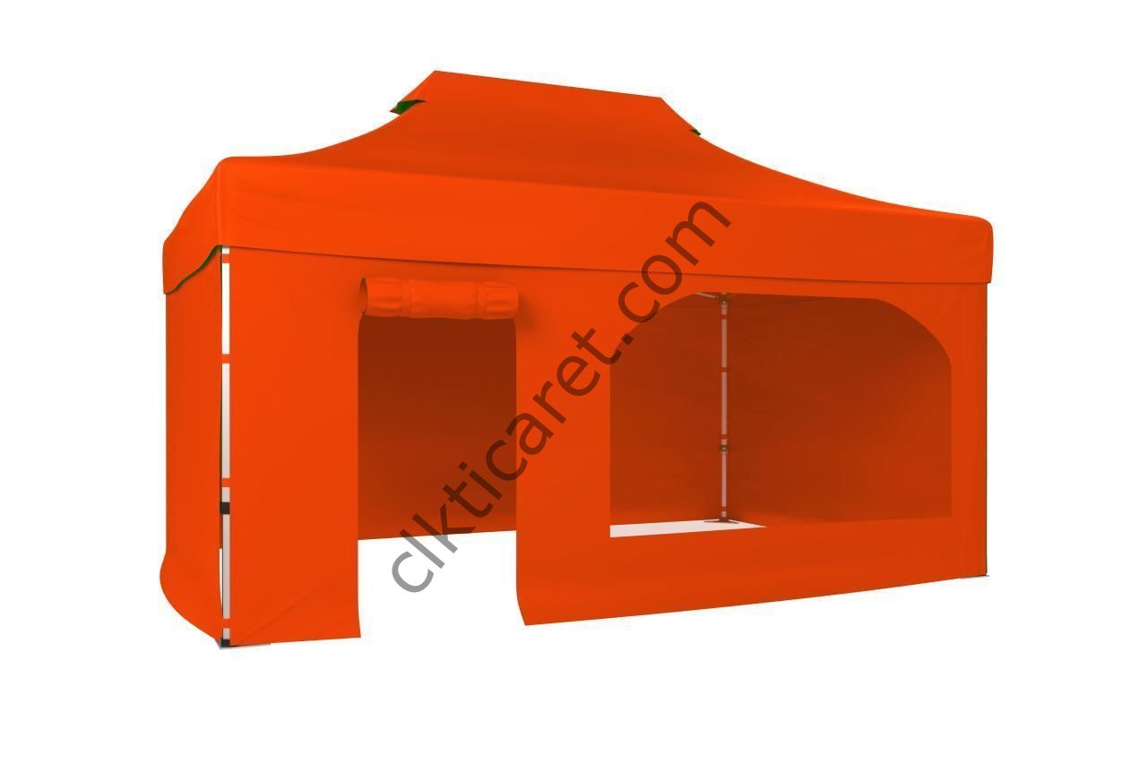 CLK 3x4,5 40 mm Katlanabilir Tente Gazebo Çadır Gazebo Çadır 3 Yan Kapalı 1 Yan Kapı ve Pencereli Turuncu