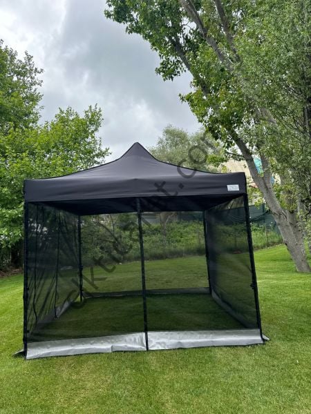 CLK 3x3 Gazebo 30 mm Porfil Bungalow Dekoratif Garden Model Sineklikli Perde Katlanır Portatif Bahçe Çadır Tente Çardak Açık Mavi (Turkuaz)