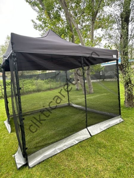 CLK 3x3 Gazebo 30 mm Porfil Bungalow Dekoratif Garden Model Sineklikli Perde Katlanır Portatif Bahçe Çadır Tente Çardak Açık Mavi (Turkuaz)