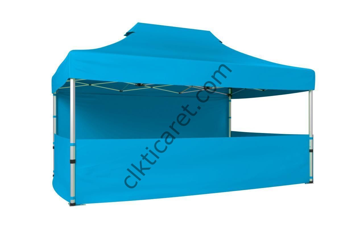 CLK 3x4,5 40 mm Katlanabilir Tente Gazebo Çadır Gazebo Çadır 1 Tam Duvar 3 Yarım Duvar Açık Mavi (Turkuaz)