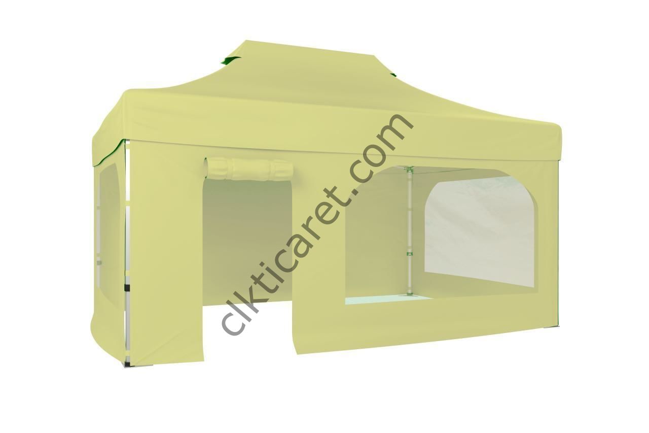 CLK 3x4,5 40 mm Katlanabilir Tente Gazebo Çadır Gazebo Çadır 2 Yan Pencereli 1 Yan Aksesuarsız 1 Yan Kapı ve Pencereli Krem