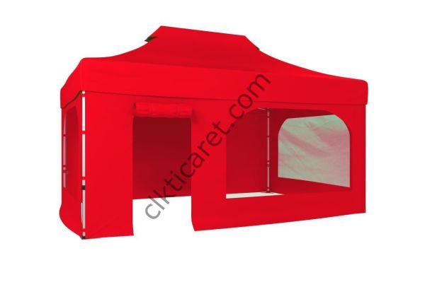 CLK 3x4,5 40 mm Katlanabilir Tente Gazebo Çadır Gazebo Çadır 2 Yan Pencereli 1 Yan Aksesuarsız 1 Yan Kapı ve Pencereli Kırmızı