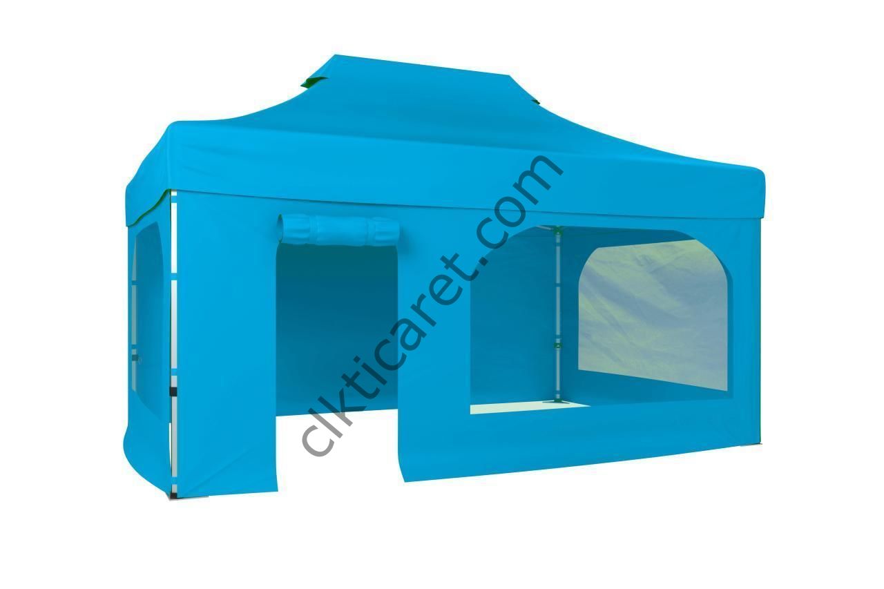CLK 3x4,5 40 mm Katlanabilir Tente Gazebo Çadır Gazebo Çadır 2 Yan Pencereli 1 Yan Aksesuarsız 1 Yan Kapı ve Pencereli Açık Mavi (Turkuaz)