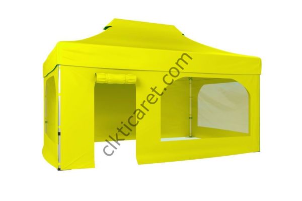CLK 3x4,5 40 mm Katlanabilir Tente Gazebo Çadır Gazebo Çadır 2 Yan Pencereli 1 Yan Aksesuarsız 1 Yan Kapı ve Pencereli Sarı
