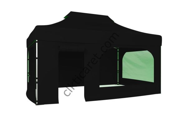 CLK 3x4,5 40 mm Katlanabilir Tente Gazebo Çadır Gazebo Çadır 2 Yan Pencereli 1 Yan Aksesuarsız 1 Yan Kapı ve Pencereli Siyah