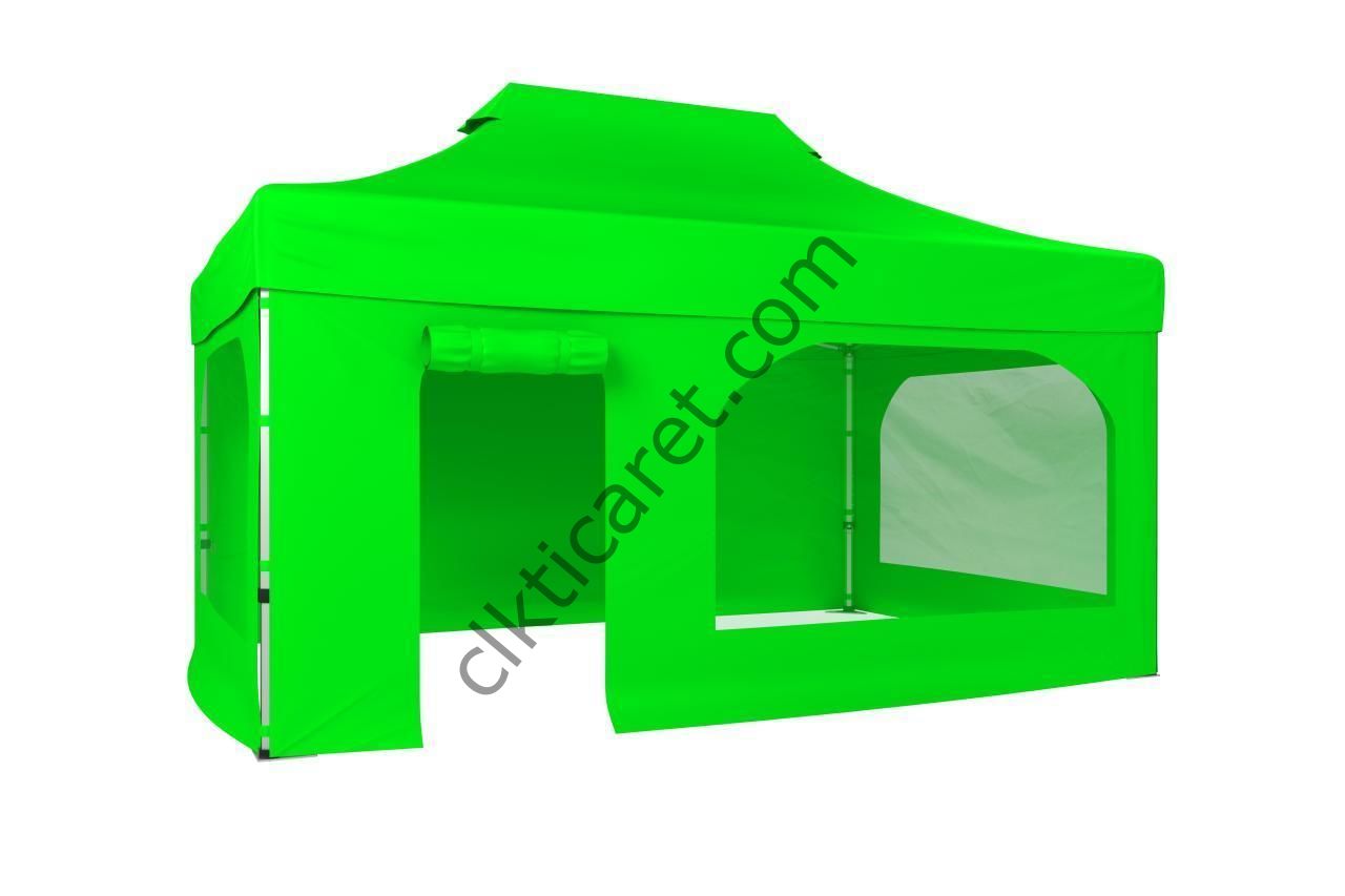 CLK 3x4,5 40 mm Katlanabilir Tente Gazebo Çadır Gazebo Çadır 2 Yan Pencereli 1 Yan Aksesuarsız 1 Yan Kapı ve Pencereli Açık Yeşil