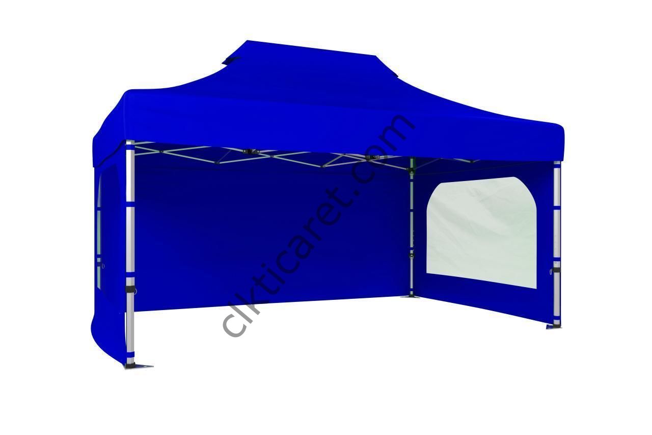 CLK 3x4,5 40 mm Katlanabilir Tente Gazebo Çadır Gazebo Çadır 3 Yan Duvarlı 2 Pencereli Saks Mavi