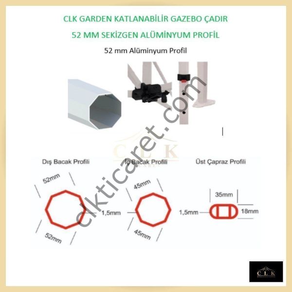 CLK 4x6 52mm Kalın Alüminyum Katlanabilir Tente Gazebo Çadır 3 Kenar Kapalı 1 Yan Kapı ve Pencereli